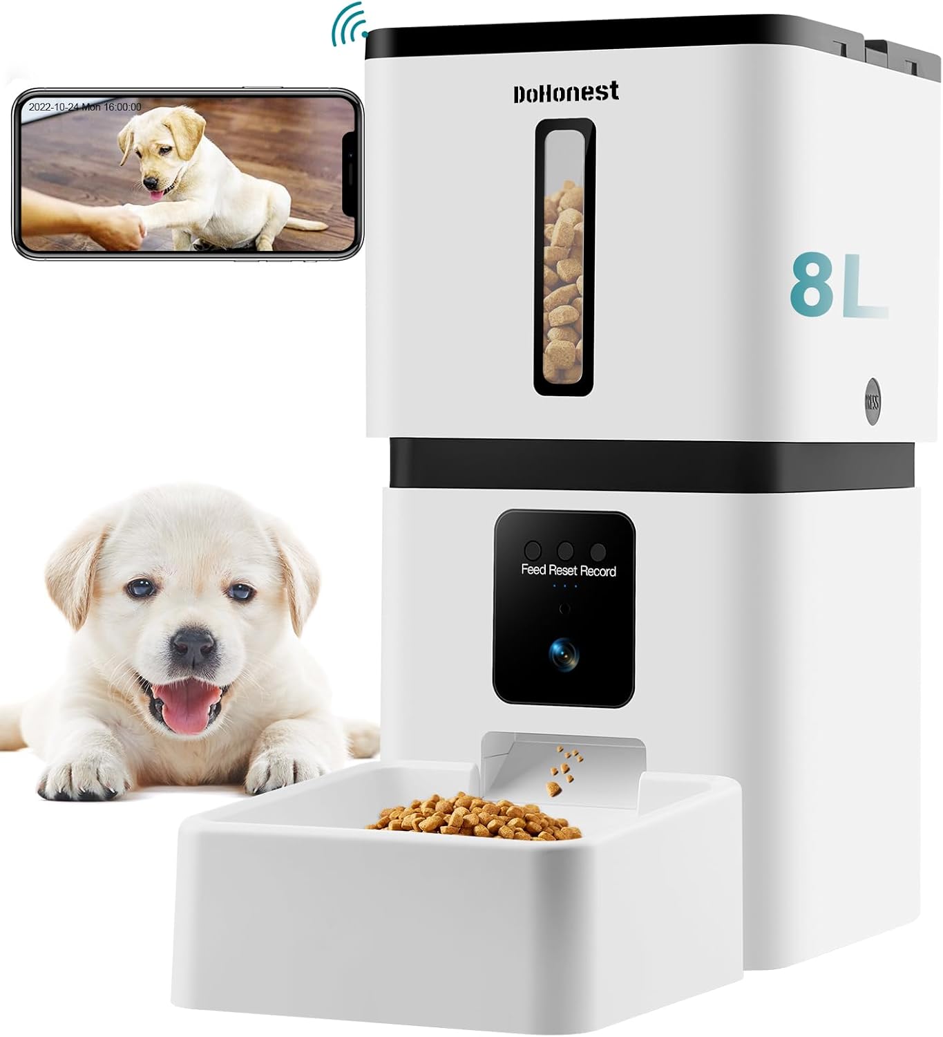 DoHonest Automatic Dog Feeder with Camera: 5G WiFi Easy Setup 8L Motion Detection Smart Cat Food Dispenser 1080P HD Video Recording 2-Way Audio Timed Pet Feeder App Control Night Vision S15