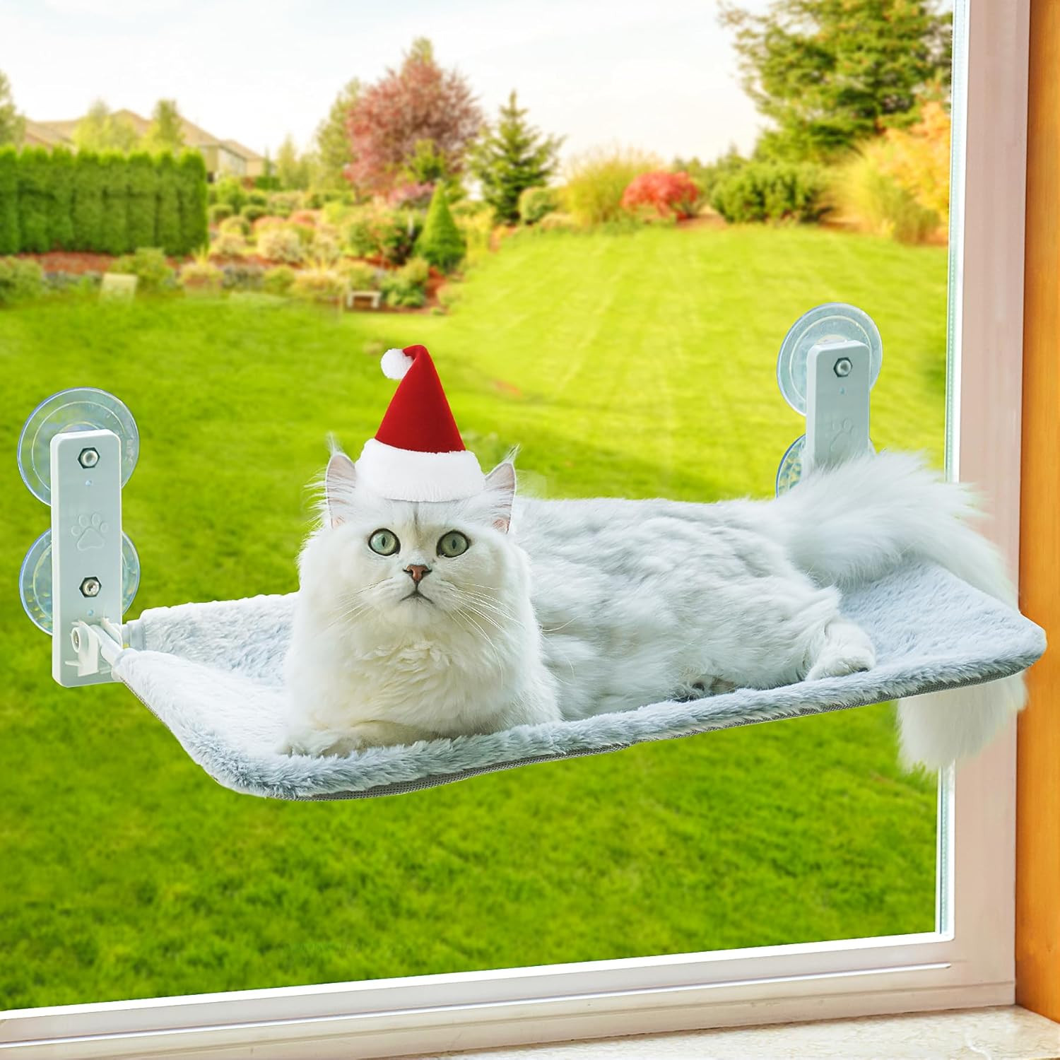 Foldable Cat Window Perch, Cat Window Hammock with Strong Suction Cups, Cat Window Bed with Steel Frame and Removable Cushion Cover, Cat Hammock Cat Window Seat for Indoor Cats (Grey, Medium)