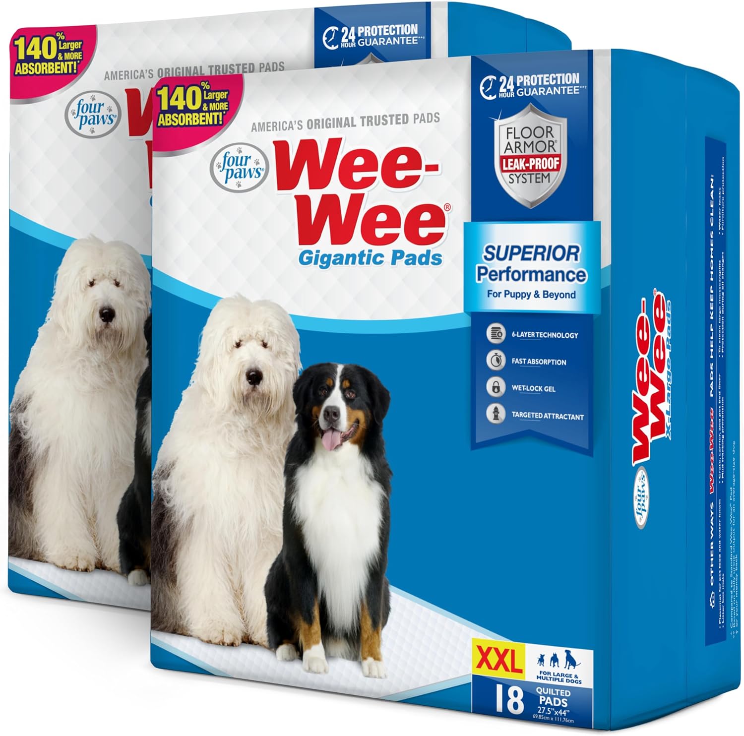 Four Paws Wee-Wee Superior Performance Gigantic Pee Pads for Extra Large Dogs, Leak-Proof Floor Protection Dog  Puppy Quilted Potty Training Pads, Unscented, 27.5 x 44 (36 Count)