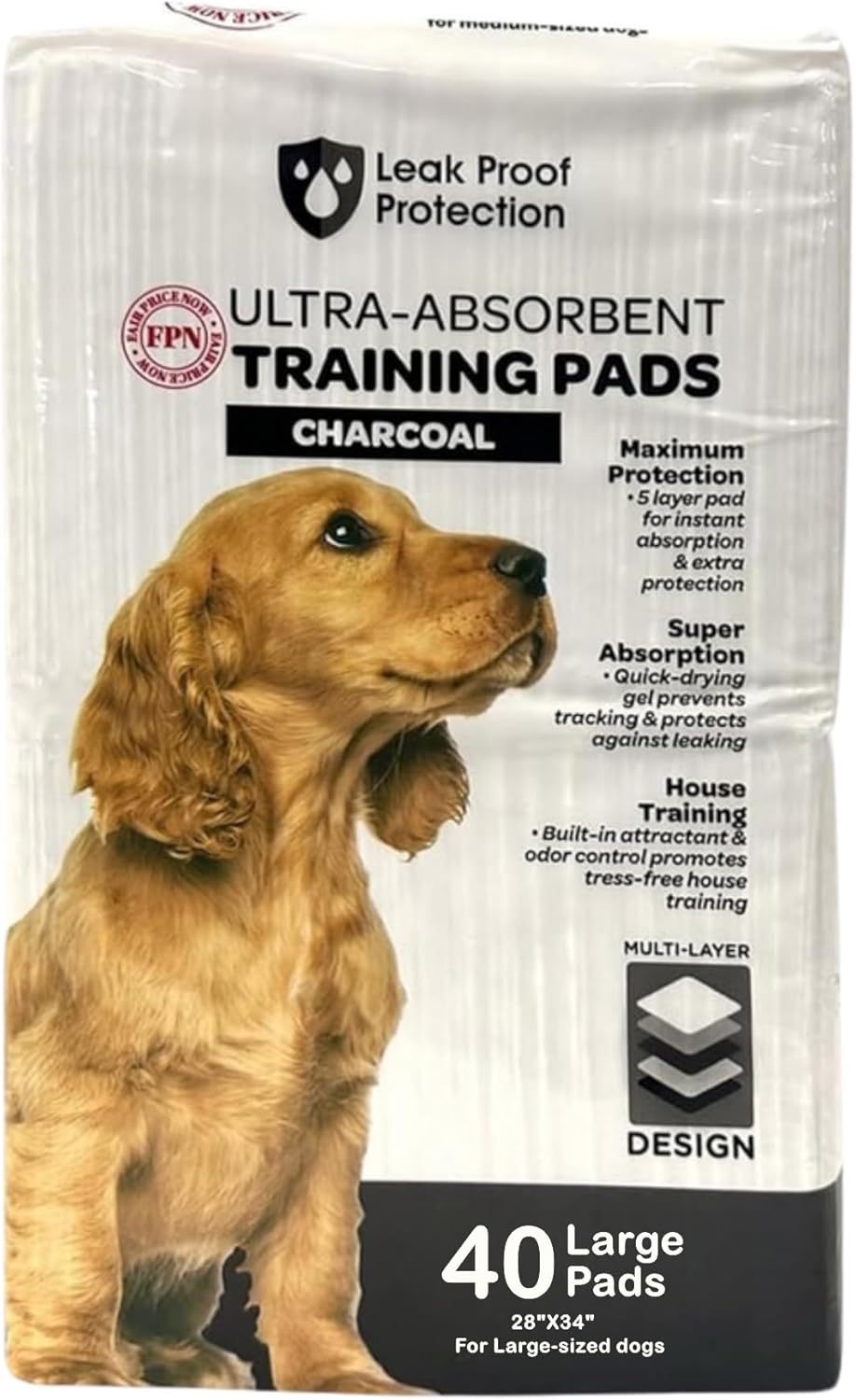 FPN Charcoal Puppy Pads 24x24 | Pack of 40 | Odor-Control Super Absorbent 5-Layer Leak-Proof Disposable Pee Pads for Dogs, Cats  Rabbits – Ideal for All Pets