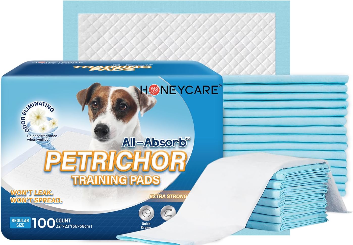 HONEY CARE All-Absorb, Large 22 x 23, 100 Count, Dog and Puppy Training Pads, Ultra Absorbent and Odor Eliminating, Leak-Proof 5-Layer Potty Training Pads with Quick-Dry Surface, Blue, A01