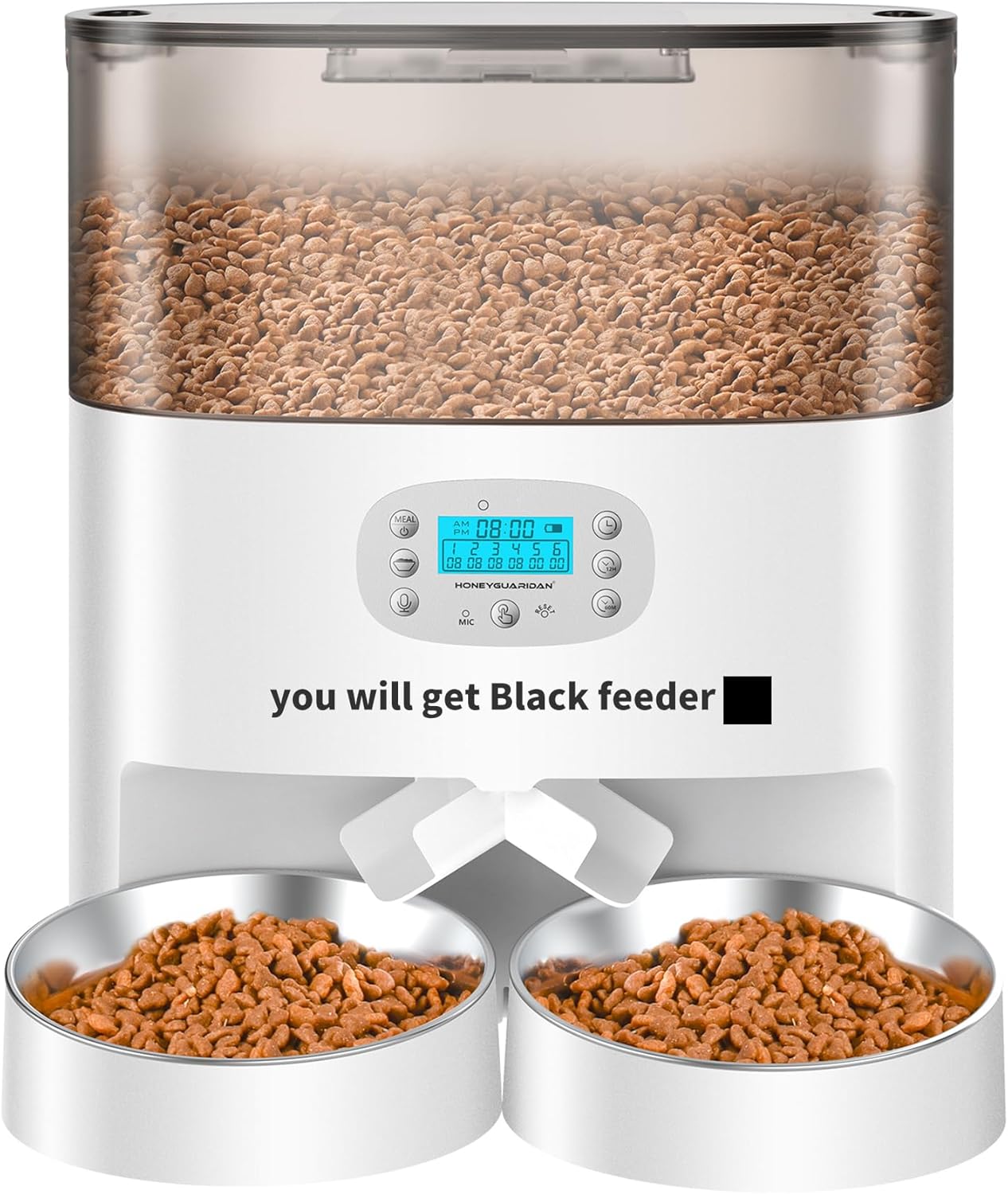 HoneyGuaridan 6L Automatic Cat Feeder for 2 Pets, Pet Food Dispenser for Cat and Dog with Desiccant Box, Timer Feeder Portion Control 1-6 Meals per Day, Dual Power Supply, Voice Recorder