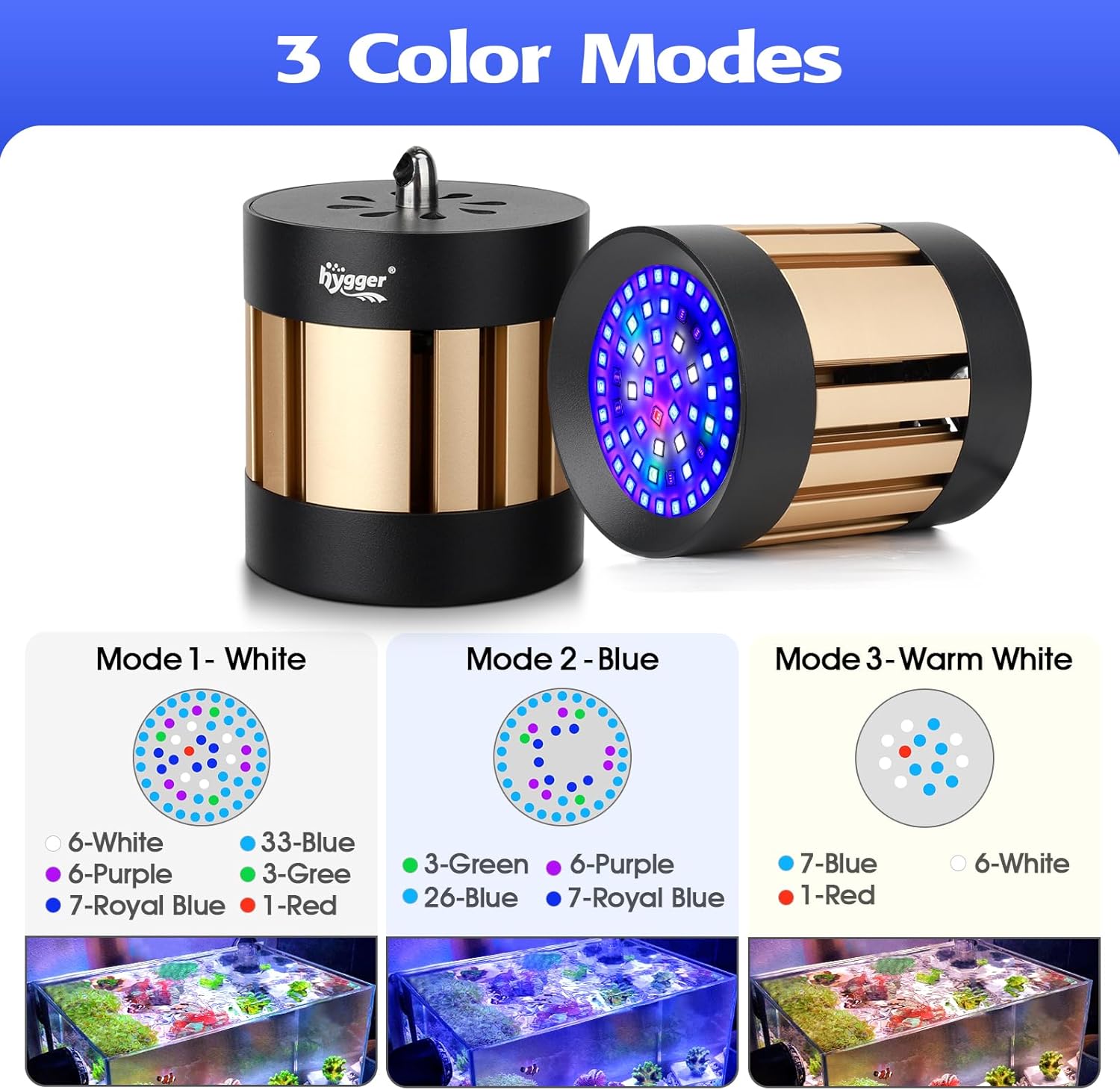 hygger 50W Reef LED Aquarium Light, Marine LED Light with 3 Color Modes Adjustable Brightness and Timing Function, with External Controller, Nano Fish Tank Light for Corals SPS LPS Saltwater Tank