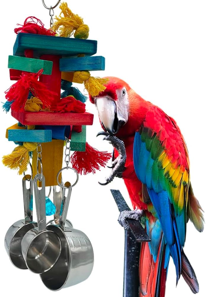 Large Bird Parrot Block Knots Tearing Toys, Multicolored Natural Wooden Blocks and Cotton Knots with Stainless Steel Cups for Large and Extra Large Parrots Macaw African Gray Amazon Cockatoo