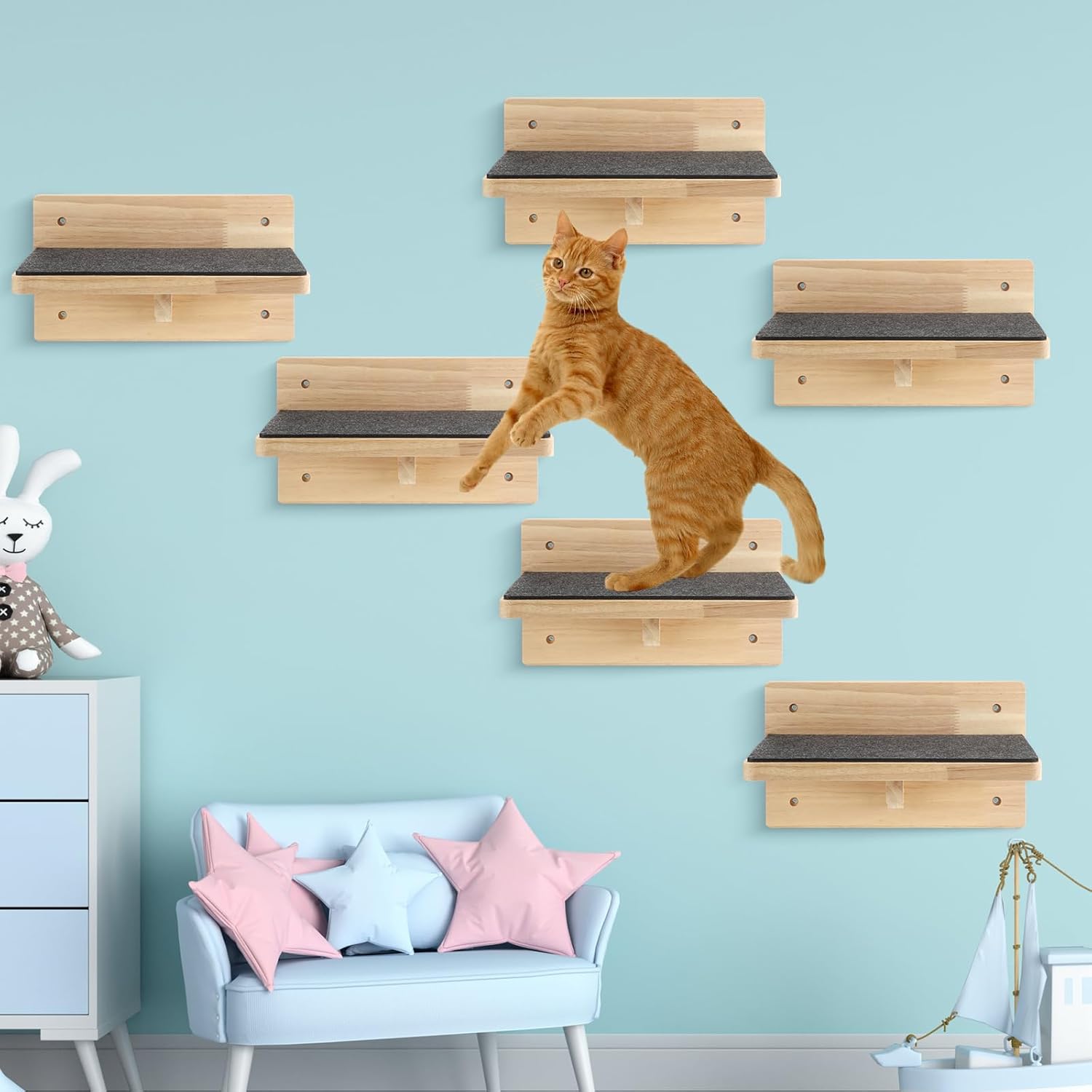 Lenwen Set of 6 Cat Wall Steps Shelf Shelves Wood Cat Climbing Shelves for Wall Wood Cat Wall Mounted Furniture Cat Wall Bed Wood Cat Stairs with Non Slip Felt for Springboard Playing (Classic)