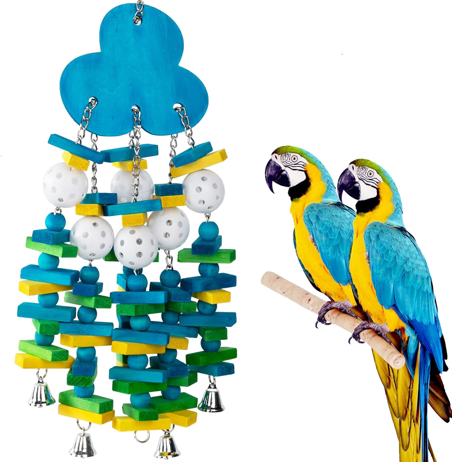 Parrot Toys for Large Birds, Parrots Chew Toy with Colorful Wood Blocks and Bells for Macaws African Grey and Amazon Parrots (Blueberry Style)