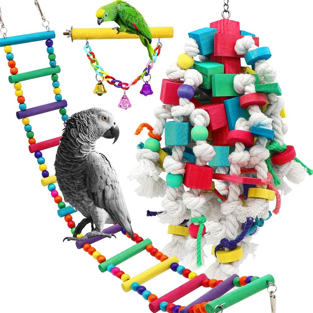 PETUOL Bird Toys, Large Bird Swing Toys, 3 PCS Parrot Toys Chewing Wood with Bells Toys for Small Macaws Cockatoos, Alexandrine Parakeet, African Grey Parrot and Variety of Medium Amazon Parrots