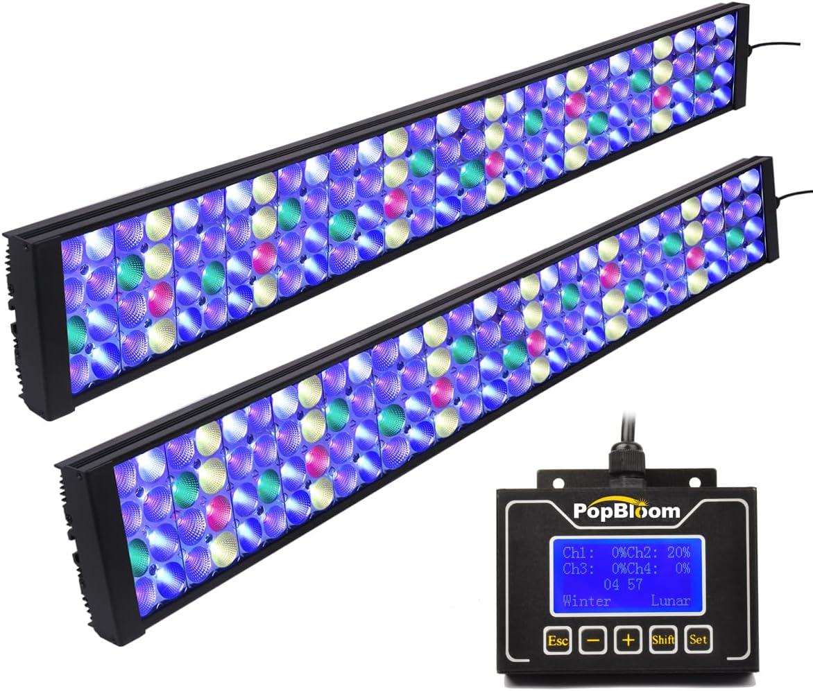 PopBloom Turing75 Aquarium Light Reef Marine LED Lighting for 180cm 6ft 72inch Saltwater Coral Reef Marine Aquarium Fish Tank, Programmable 4 Channenls, Sunrise Sunset