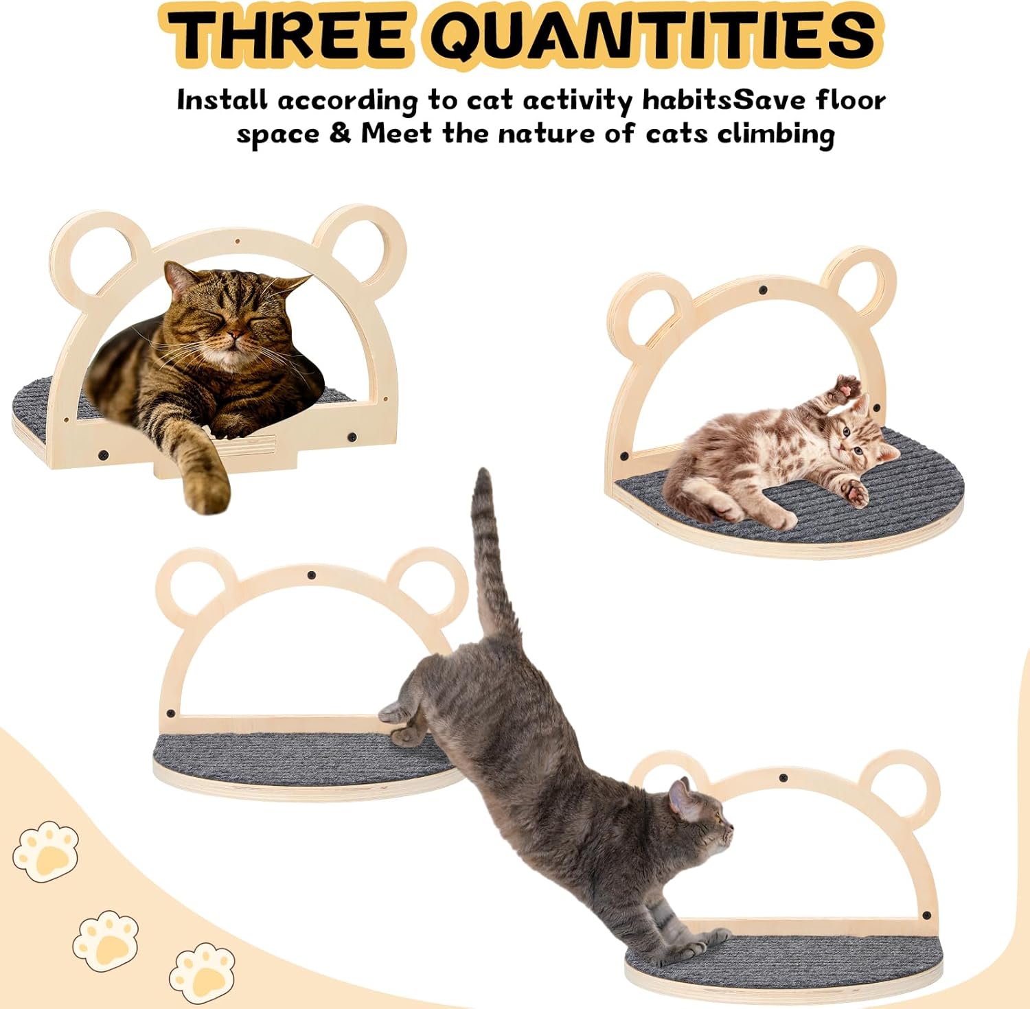 Qunclay 3 Pack Large Cat Wall Shelves Cat Wall Step Cat Wall Furniture Cat Corner Shelf Climbing Scratching Perch Shelves Bear Head Shaped Felt Ladder for Playing Sleeping Lounging