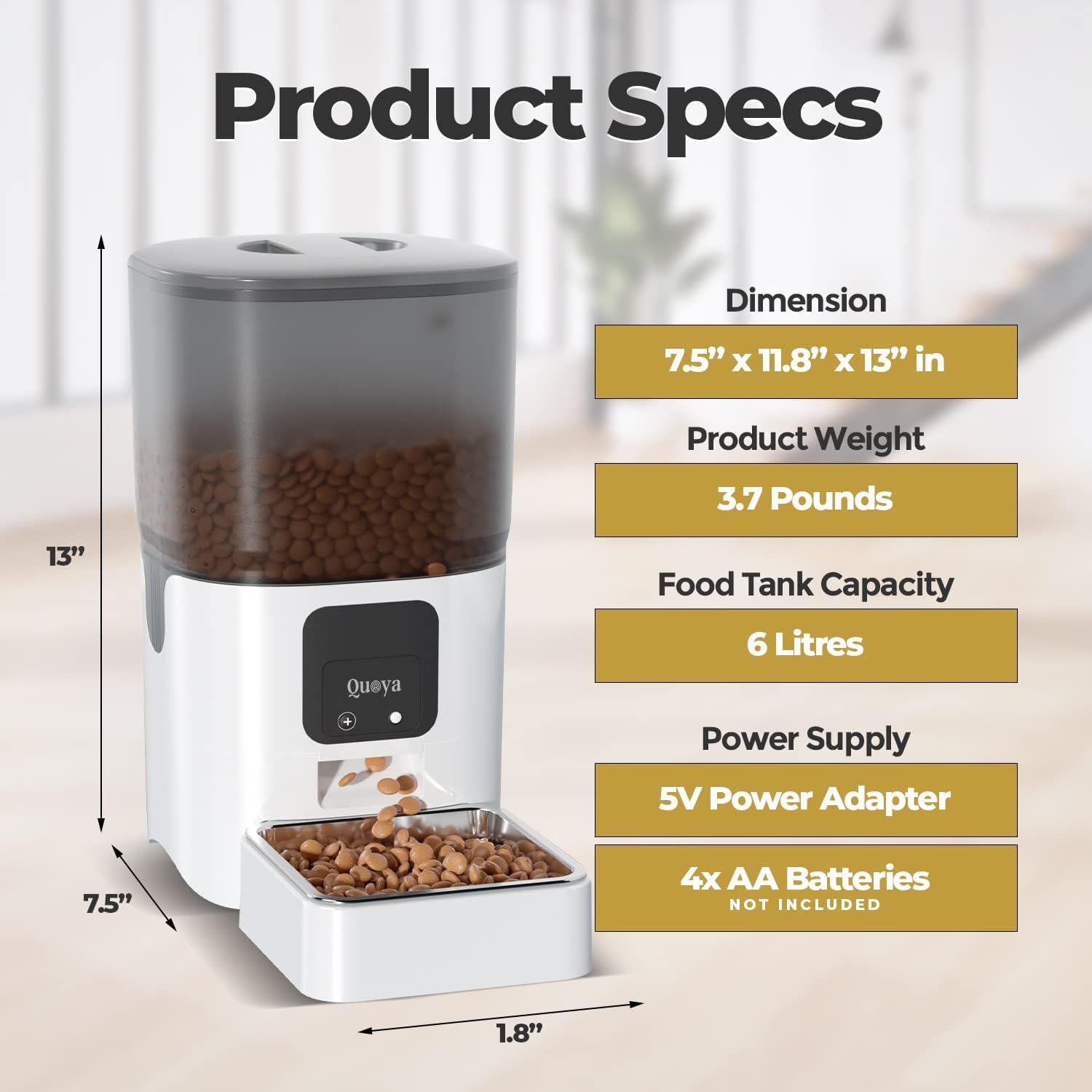 QUOYA Smart Automatic Pet Feeder, LARGE (6L Food Tank) for dogs and cats【Timer/Schedule feature, voice and app control, Portion size adjustment】 Compatible with Alexa, Siri, Apple watch