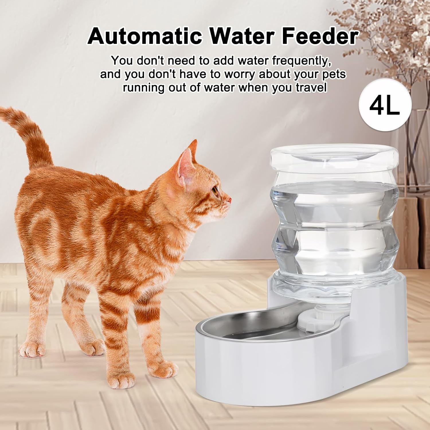 RIZZARI Automatic 8L Pet Waterer,100% BPA-Free, Gravity Stainless Steel Water Dispenser,Large Capacity Water Feeder for Cats and Small and Medium-Sized Dogs