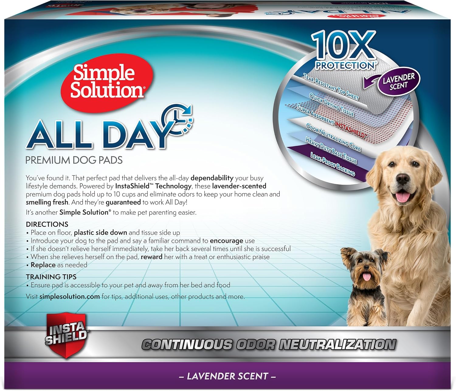 Simple Solution All Day Disposable Pee Pads for Dogs, XL Puppy Potty Training Wee Pad, 6 Layers Thick, Absorbent, Attracts Dogs, Leak Proof, Odor Neutralizing, Lavender Scent, LARGE 23x24, 100 Count