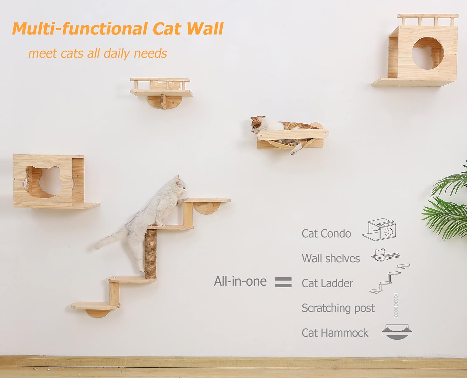 Wall Mounted Cat Shelves Wood Cat Wall Furniture Set for Indoor Cats Climbing Playground with 2 Cat Wall House Cat Hammock  4-Levels Ladder  1 Cat Scratching Post