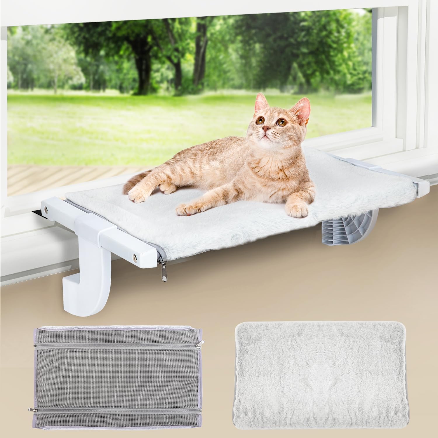 Window Sill Mount Cat Perch for Indoor Cats, One-Step Sliding Clamping Slot Adjustment Cat Hammock with Removable Two Fabrics Cover, No Suction Cups Cat Bed for Windowsill  Bedside (Medium)