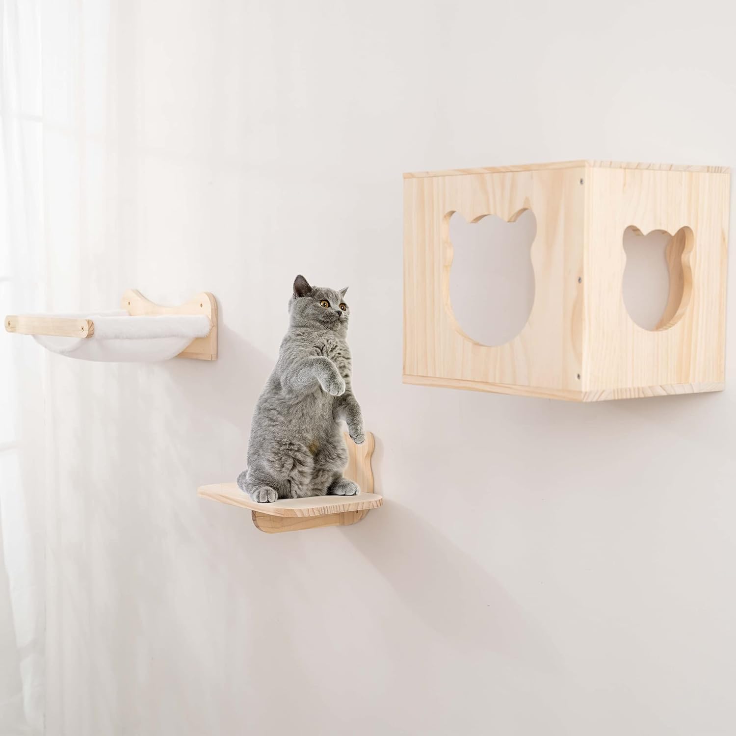 WONFUlity Cat Shelves and Perches for Wall, Cat Hammock Wall Mounted Cats Shelf and Climbing Shelf with Sisal Scratching and Climbing Bridge Step Modern Cat Bed Cat Furniture